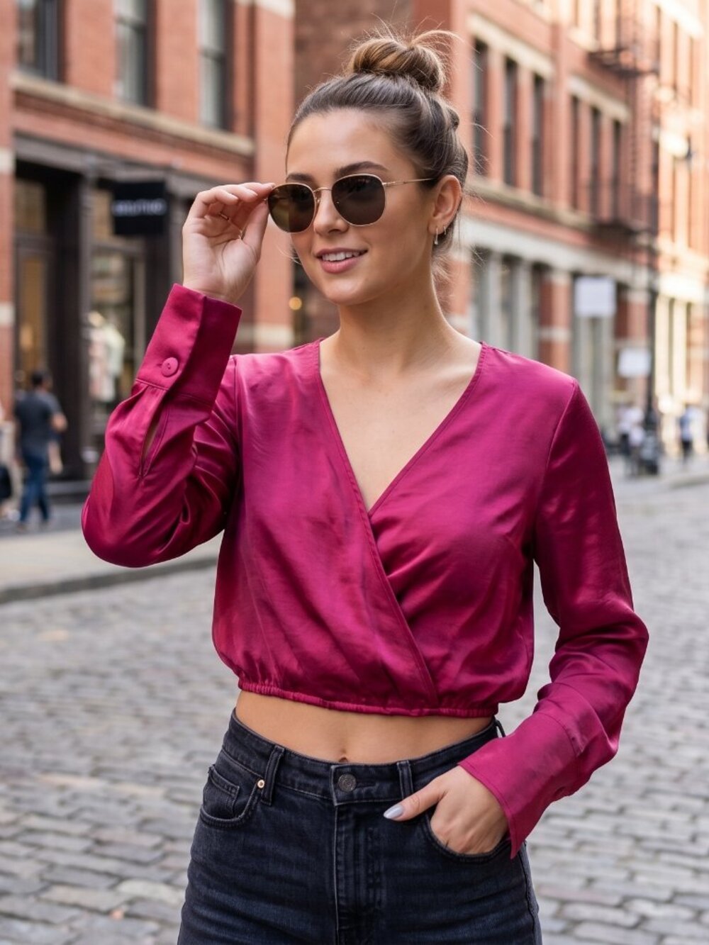 Good American Satin Wrap Top Sz S Hot Pink Long Sleeve